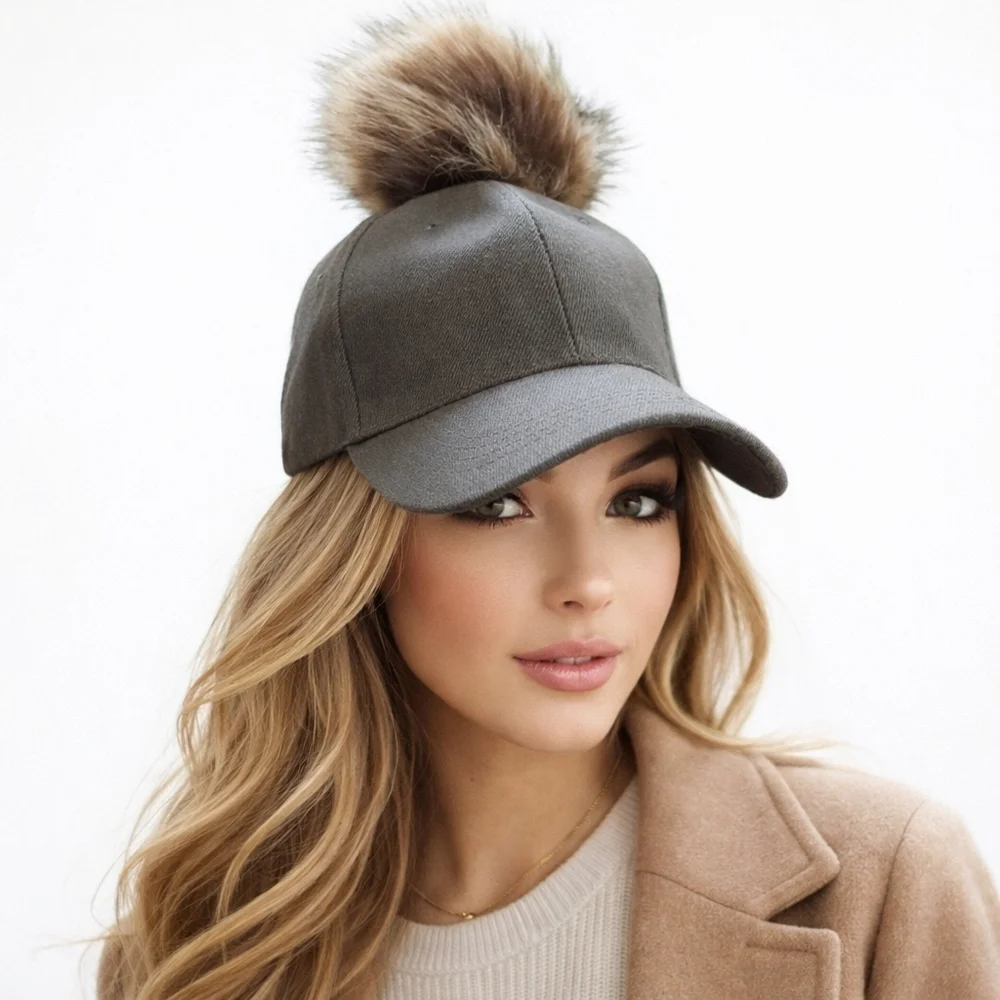 Gray Baseball Cap Hat w/ Removable Fur Pom Pom Winter Chic